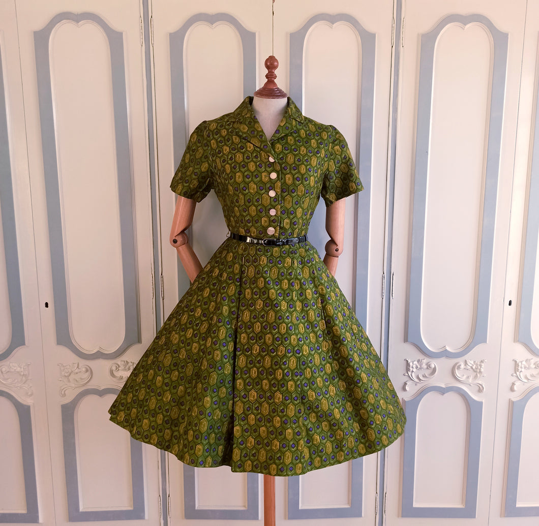 1950s 1960s - Gorgeous Abstract Green Purple Cotton Dress - W28 (72cm)