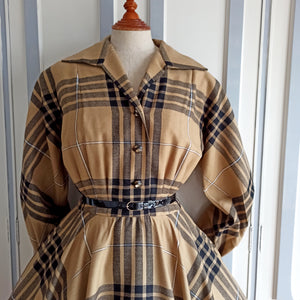 VTG - UNWORN - Fabulous Brown Tartan Wool Dress - W27.5 (70cm)