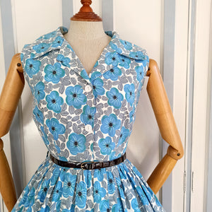 1950s - Gorgeous Blue Floral Print Cotton Dress - W26 (66cm)