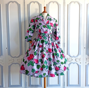 1950s - Fabulous Lilac Rose Print Dress - W29 (74cm)