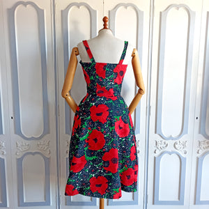 1950s - Stunning Poppies Waffle Cotton Cocktail Dress - W24 (62cm)