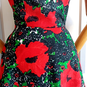 1950s - Stunning Poppies Waffle Cotton Cocktail Dress - W24 (62cm)