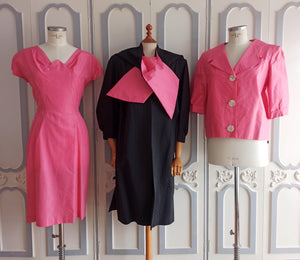 1950s 1960s - Stunning 3pc Pink & Black Silk Suit + Duster - W30 (76cm)