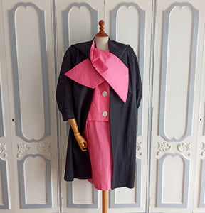 1950s 1960s - Stunning 3pc Pink & Black Silk Suit + Duster - W30 (76cm)