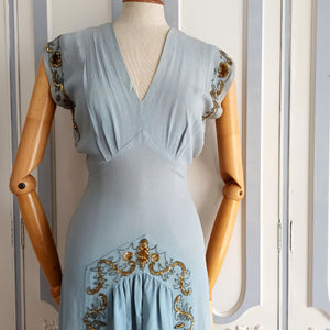 1930s - Exquisite Sapphire Blue Sequined Crepe Dress - W26 (66cm)