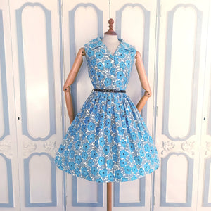 1950s - Gorgeous Blue Floral Print Cotton Dress - W26 (66cm)
