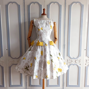 1950s - Stunning Yellow Rose Print Cotton Dress - W26 (66cm)