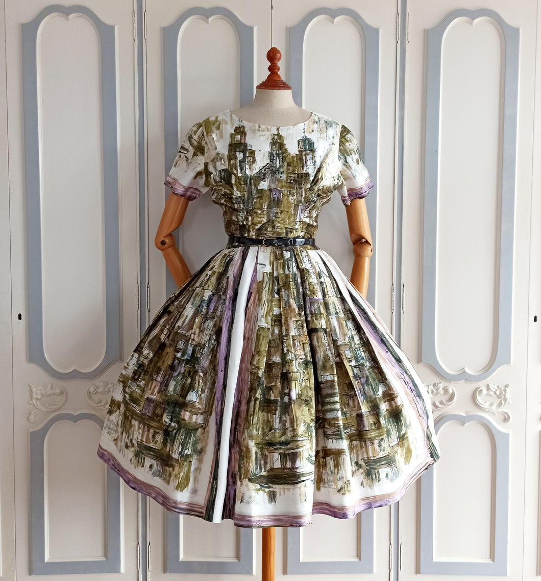 1950s - Exquisite Novelty Print Silk Dress - W24.5 (62cm)