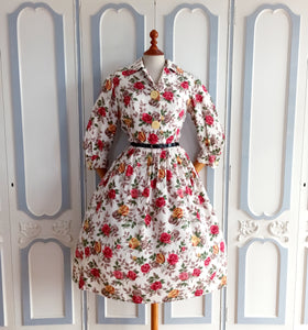 1950s - Stunning Realistic Rose Print Crepe Dress - W32 (82cm)