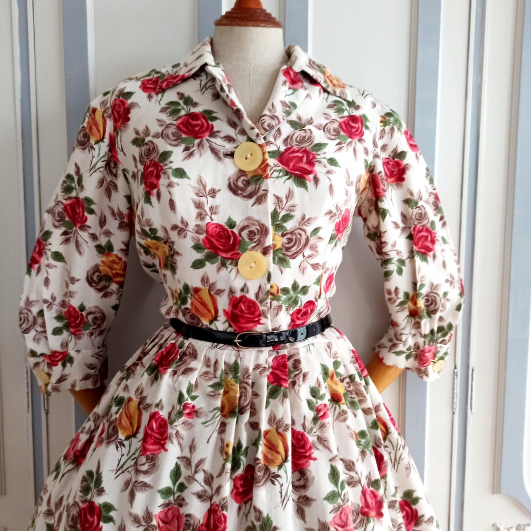 1950s - Stunning Realistic Rose Print Crepe Dress - W32 (82cm)