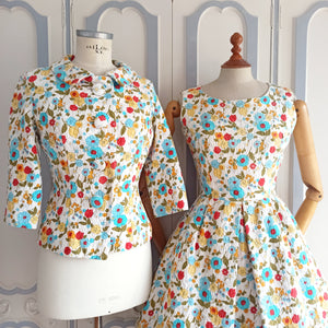 1950s 1960s - Colorful Floral 2pc Textured Cotton Set - W26 (66cm)