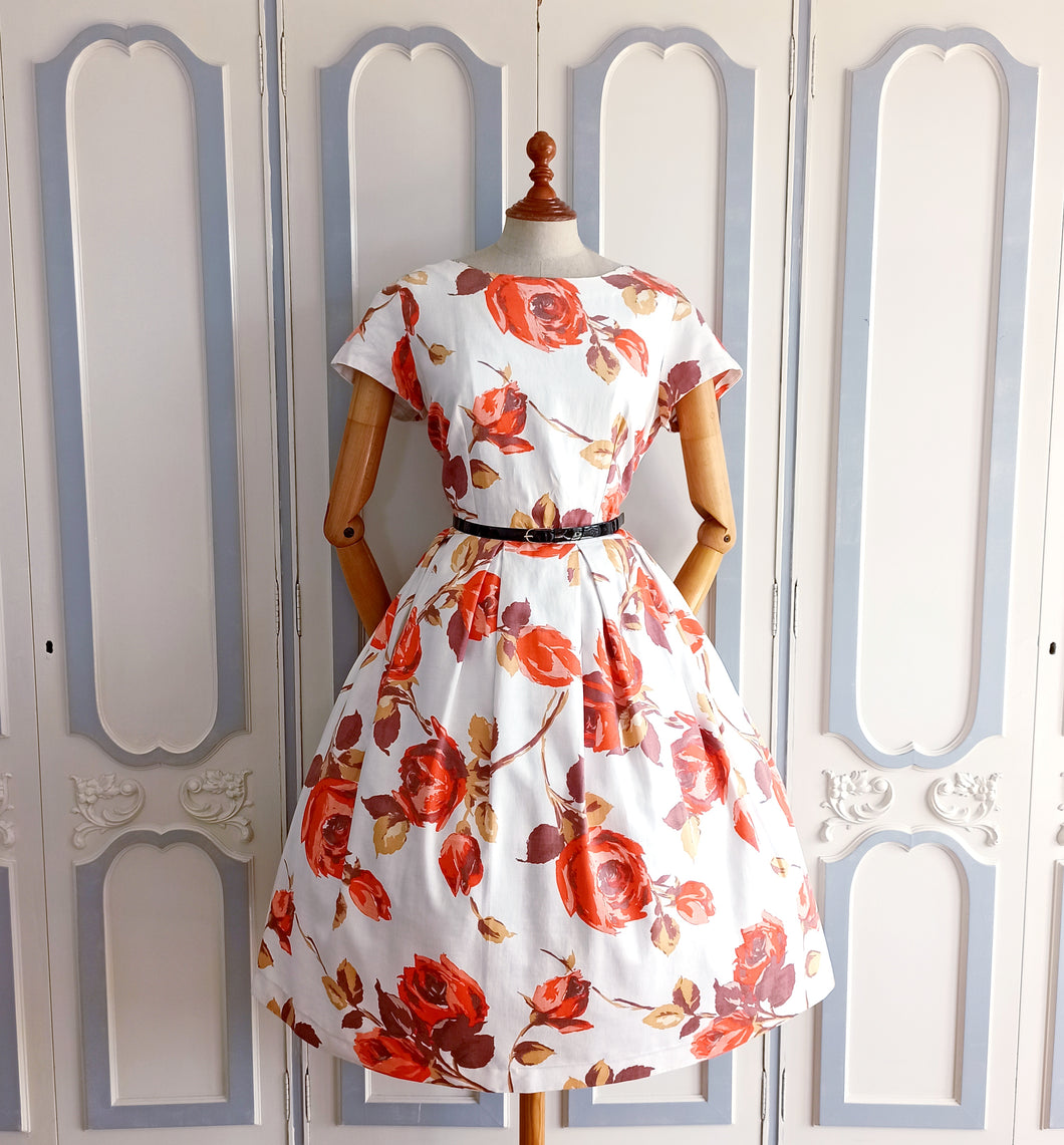 1950s - Gorgeous Rose Print Cotton Dress - W31 (78cm)