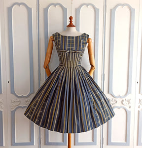 1950s 1960s - Elegant Tartan Striped Cotton Dress - W24.5 (62cm)
