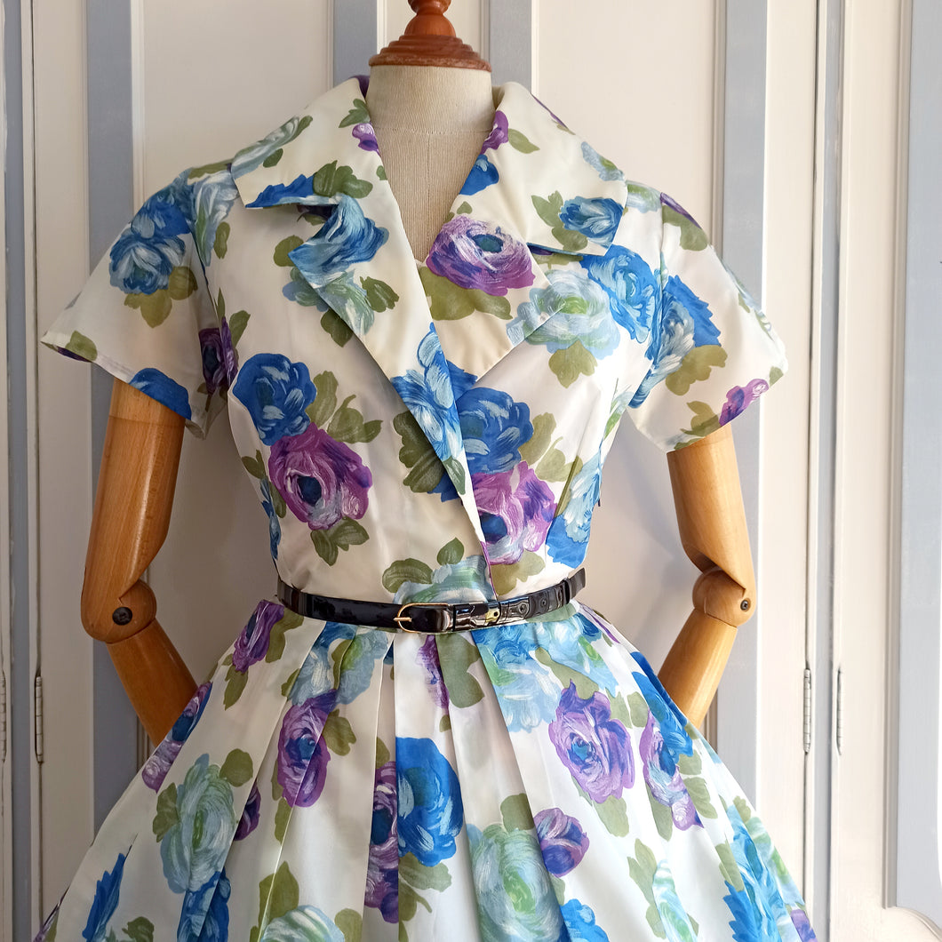 1950s 1960s - French Stunning Purple Rose Print Day Dress - W30 (76cm)