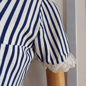 1950s - Adorable Navy White Stripes Barkcloth Dress - W26 (66cm)