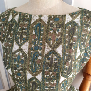 1950s 1960s - Gorgeous Green Abstract Smoked Cotton Dress - W25 (64cm)