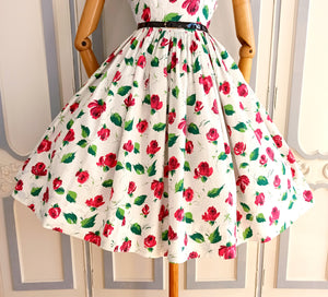 1950s - Gorgeous Rose Print Cotton Thread Dress - W26 (66cm)