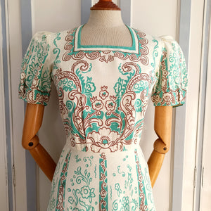 1930s 1940s - Adorable Organic Puff Shoulders Dress - W29 (74cm)