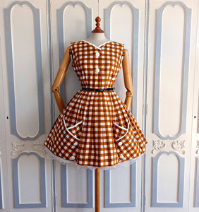 1950s 1960s - Adorable Brown Big Checked Pockets Dress - W27 (68cm)