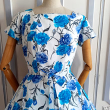 Load image into Gallery viewer, 1950s 1960s - Lovely Blue Clovers Satin Day Dress - W32 (82cm)
