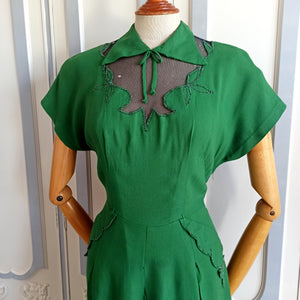 1930s 1940s - Stunning Green Gabardine Wool Dress - W32 (82cm)