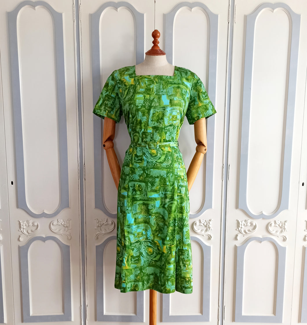 1950s - Stunning Green Abstract Belted Cotton Dress - W33 (84cm)