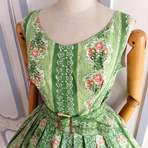 1950s 1960s - Adorable Green Floral Cotton Dress - W31.5 (80cm)