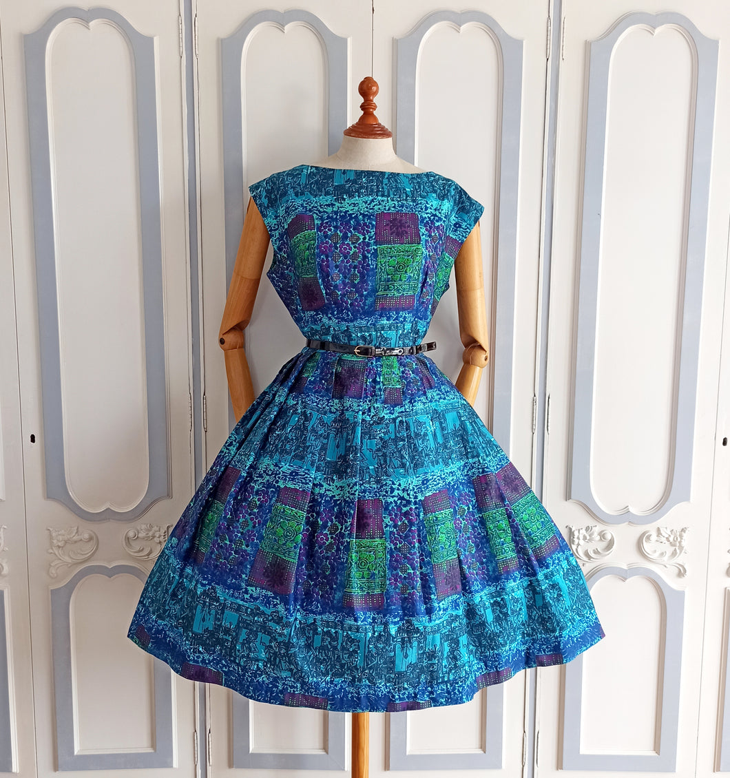 1950s - Fabulous Novelty Print Silky Cotton Dress - W31 (78cm)