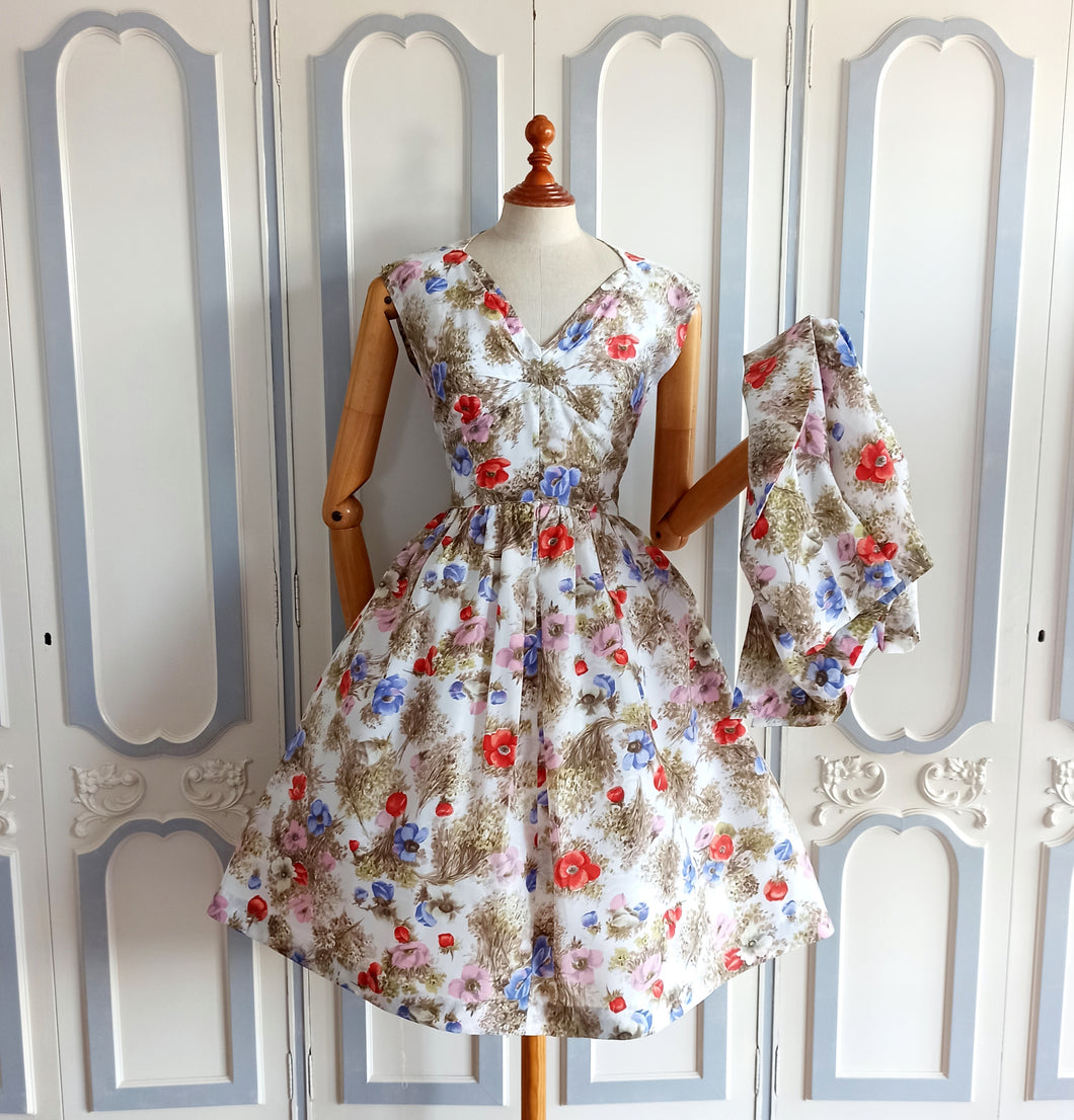 1950s  - Marvelous 2pc Floral Bolero Jacket Nylon Dress - W27 (68cm)