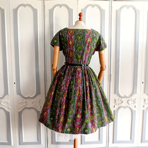 1950s 1960s - Gorgeous Green Abstract Pockets Dress - W31 (78cm)