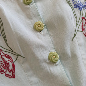 1940s - Adorable Mint Green Embroidery Linen Dress - W27.5 (70cm)