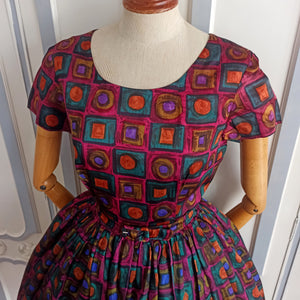1950s 1960s - ASTOR, France - Stunning Colors Abstrack Silk Dress - W27.5 (70cm)