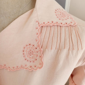 1930s - Adorable Pink Puff Shoulders Linen Blouse - XS/S