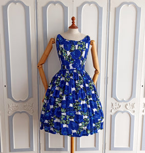 1950s 1960s - Gorgeous Blue Floral Day Dress - W26 (66cm)