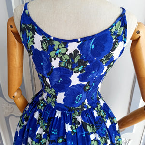 1950s 1960s - Gorgeous Blue Floral Day Dress - W26 (66cm)