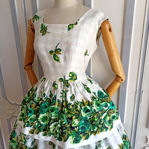 1950s - Stunning Green Roses Print Silky Cotton Dress - W30 (76cm)