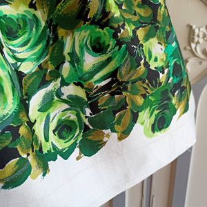 1950s - Stunning Green Roses Print Silky Cotton Dress - W30 (76cm)