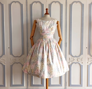 1950s 1960s - Gorgeous Pastel Colors Textured Cotton Dress - W27.5 (70cm)