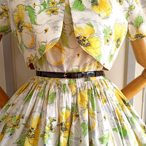 1950s 1960s - Stunning Yellow Flowers Bolero Dress - W28 (72cm)