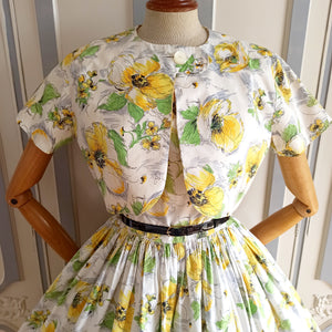 1950s 1960s - Stunning Yellow Flowers Bolero Dress - W28 (72cm)