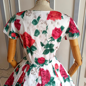 1950s 1960s - Stunning Rose Print Cocktail Silky Cotton Dress - W26 (66cm)