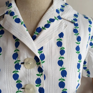 1950s - Adorable Blue Flowers Print Cotton Shirt Dress - W26 (66cm)