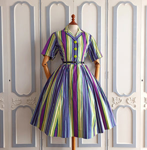 1950s - Stunning Rainbow Purple Stripes Shirt Dress - W30 (76cm)