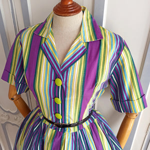 1950s - Stunning Rainbow Purple Stripes Shirt Dress - W30 (76cm)