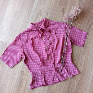 1930s - Adorable Peter Pan Collar Magenta Dotted Crepe Blouse - XS/S