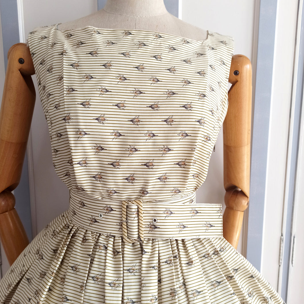 1950s 1960s - Gorgeous Striped Floral Belted Dress - W26 (66cm)