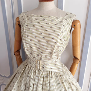 1950s 1960s - Gorgeous Striped Floral Belted Dress - W26 (66cm)