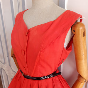 1950s - PARIS - Gorgeous Orange Red Cotton Dress - W28 (72cm)