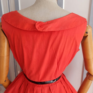 1950s - PARIS - Gorgeous Orange Red Cotton Dress - W28 (72cm)